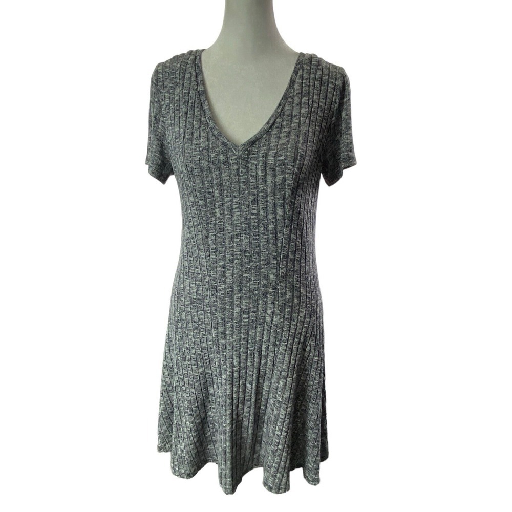 DOLAN Women Left Coast Ribbed Mini Short Sleeve Knit V Neck Dress Sz M Gray 1a-8